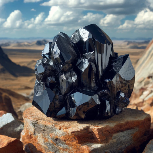  Natural obsidian rock formation outdoors, featuring large, jagged pieces of obsidian with a glossy, glass-like finish.